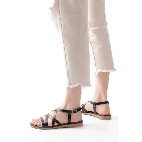 205-017 Siyah Ortopedik Hakiki Deri Kadın Sandalet