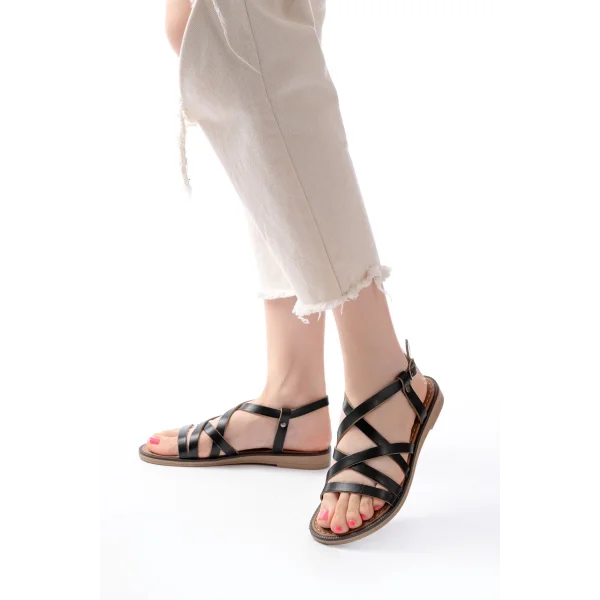 205-017 Siyah Ortopedik Hakiki Deri Kadın Sandalet