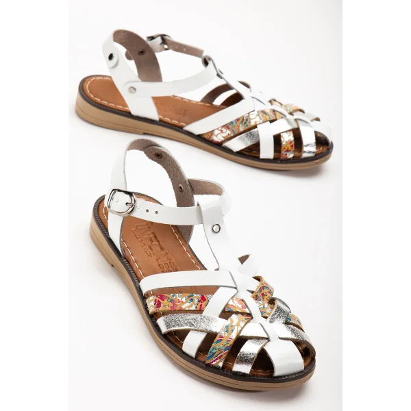 205-02 Beyaz Garni Ortopedik Hakiki Deri Kadın Sandalet