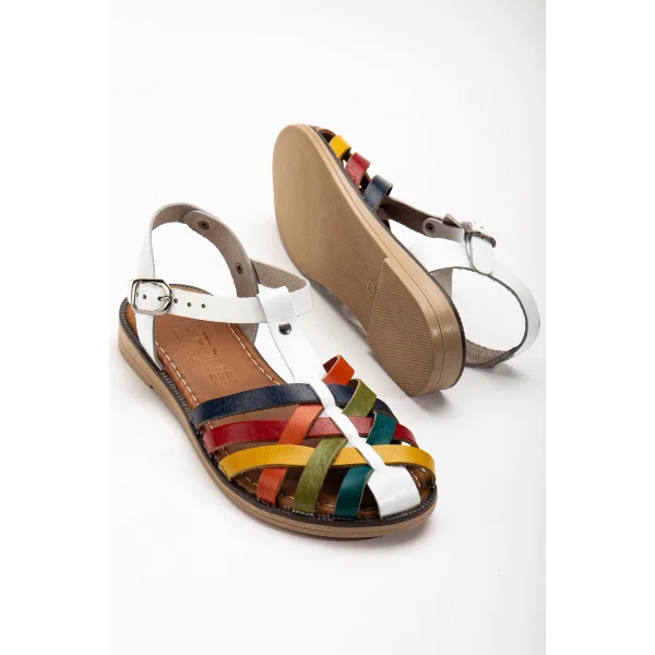 205-02 Beyaz Multi Ortopedik Hakiki Deri Kadın Sandalet