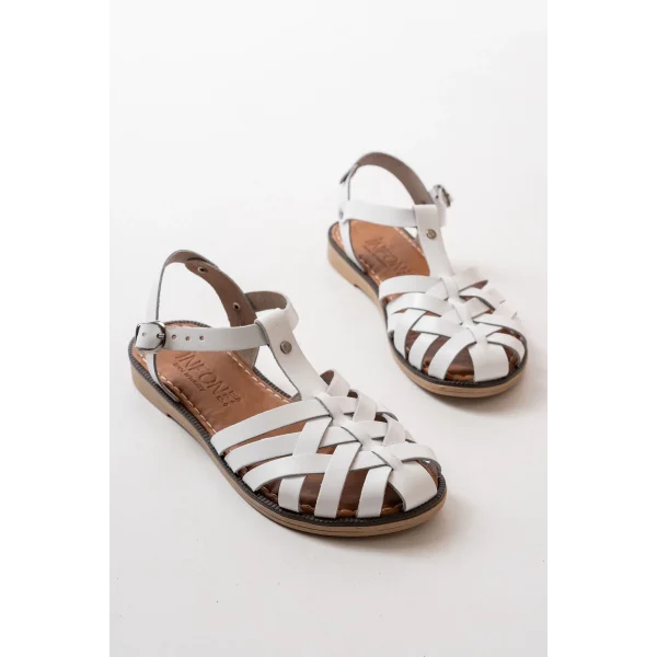 205-02 Beyaz Ortopedik Hakiki Deri Kadın Sandalet