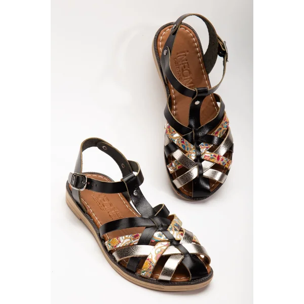 205-02 Siyah Garni Ortopedik Hakiki Deri Kadın Sandalet