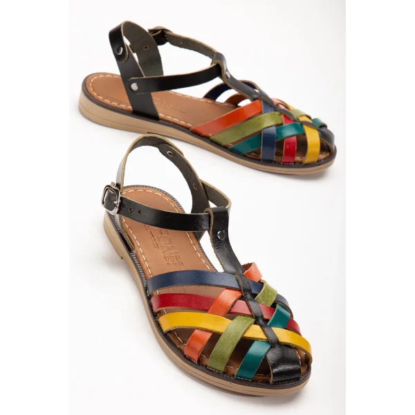 205-02 Siyah Multi Ortopedik Hakiki Deri Kadın Sandalet