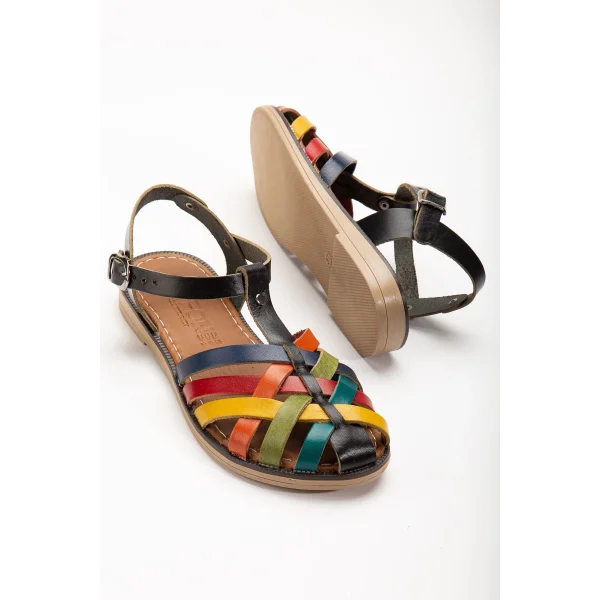 205-02 Siyah Multi Ortopedik Hakiki Deri Kadın Sandalet