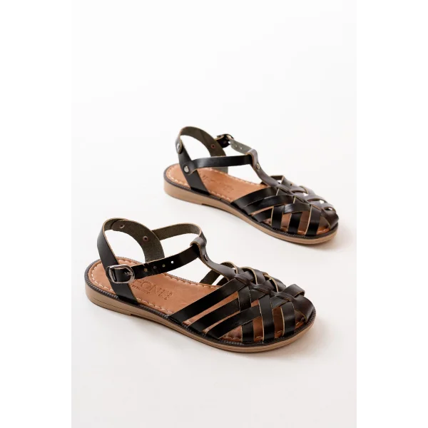 205-02 Siyah Ortopedik Hakiki Deri Kadın Sandalet