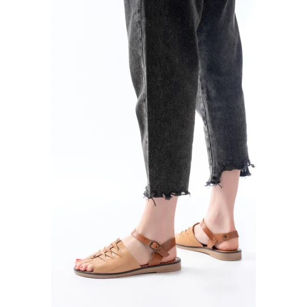 205-029 Bej Ortopedik Hakiki Deri Kadın Sandalet