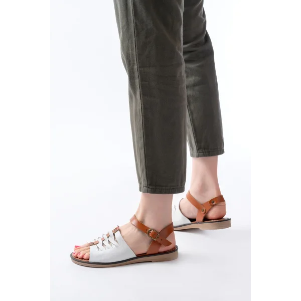 205-029 Beyaz Ortopedik Hakiki Deri Kadın Sandalet