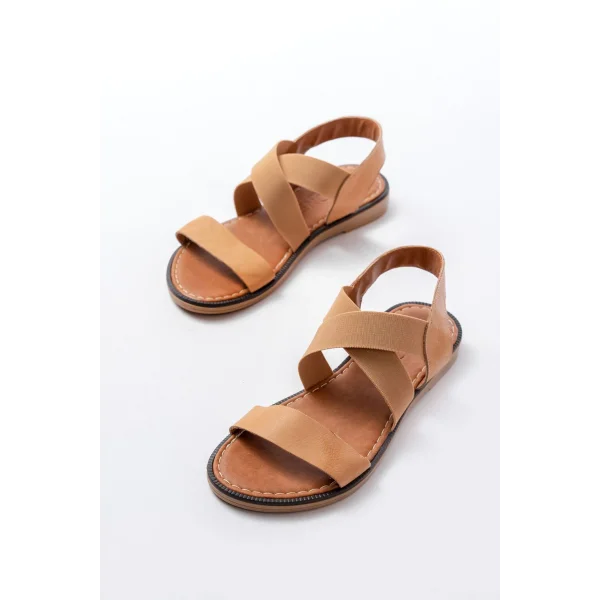 205-04 Bej Tek Bantlı Lastikli Hakiki Deri Ortopedik Taban Kadın Sandalet