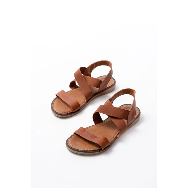 205-04 Taba Tek Bantlı Lastikli Hakiki Deri Ortopedik Taban Kadın Sandalet