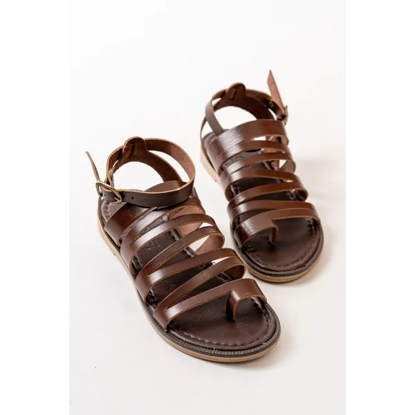 205-041 Koyu Kahve Ortopedik Hakiki Deri Kadın Sandalet