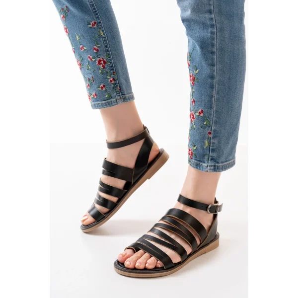 205-041 Siyah Ortopedik Hakiki Deri Kadın Sandalet