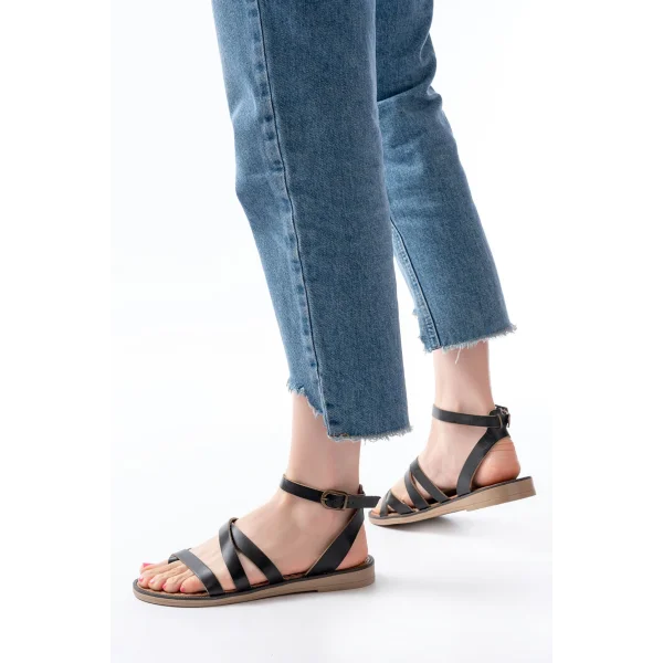 205-08 Siyah Ortopedik Hakiki Deri Kadın Sandalet