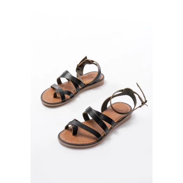 205-08 Siyah Ortopedik Hakiki Deri Kadın Sandalet