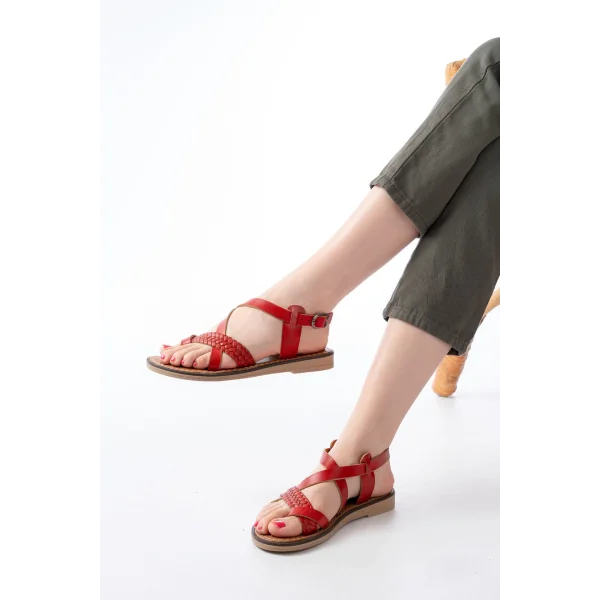 205-09 Kırmızı Ortopedik Hakiki Deri Kadın Sandalet