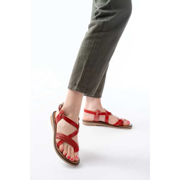 205-09 Kırmızı Ortopedik Hakiki Deri Kadın Sandalet