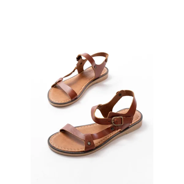 205-090 Koyu Kahve  Hakiki Deri Tokalı Kadın Sandalet