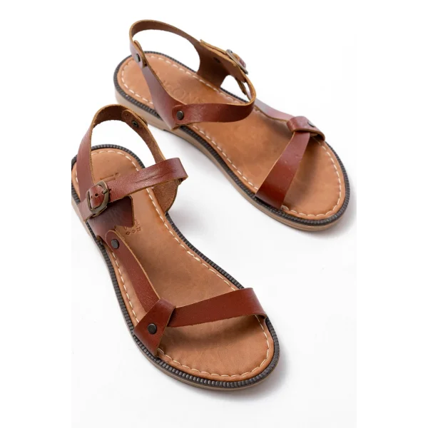 205-090 Koyu Kahve  Hakiki Deri Tokalı Kadın Sandalet