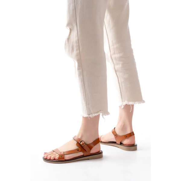 205-090 Taba  Hakiki Deri Tokalı Kadın Sandalet