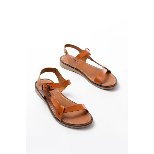 205-090 Taba  Hakiki Deri Tokalı Kadın Sandalet