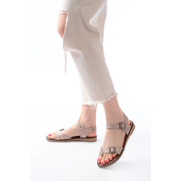 205-091 Bej Ortopedik Hakiki Deri Kadın Sandalet