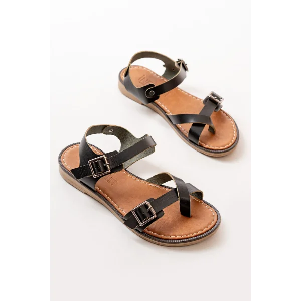 205-091 Siyah Ortopedik Hakiki Deri Kadın Sandalet