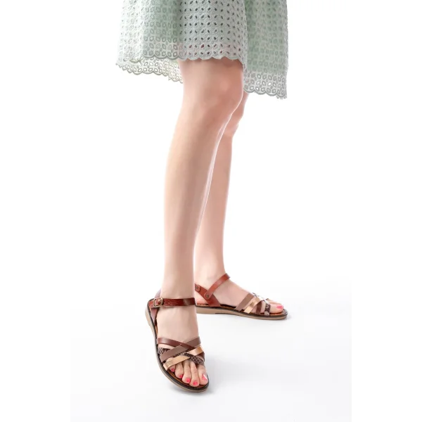 205-093 Koyu Kahve Garni Hakiki Deri Ortopedik Taban Kadın Sandalet