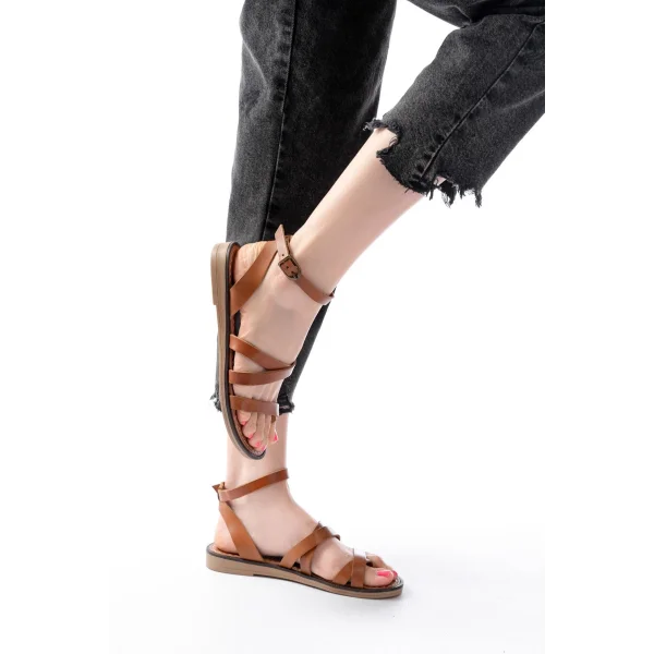 205-209 Taba  Hakiki Deri Tokalı Parmak Arası Kadın Sandalet