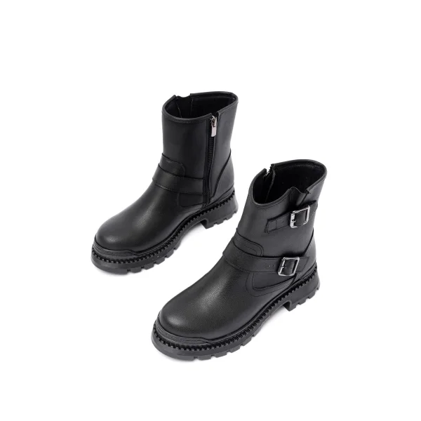 2051-2014 Siyah Tokalı Düz Topuklu Tokalı Fermuarlı Günlük Kadın Bot