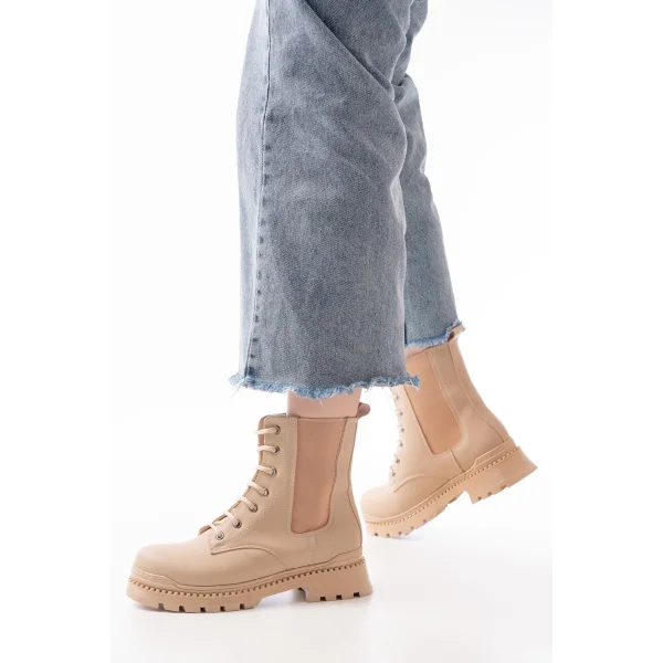2051-298 Bej Düz Topuklu Bağcıklı Lastikli Günlük Kadın Bot