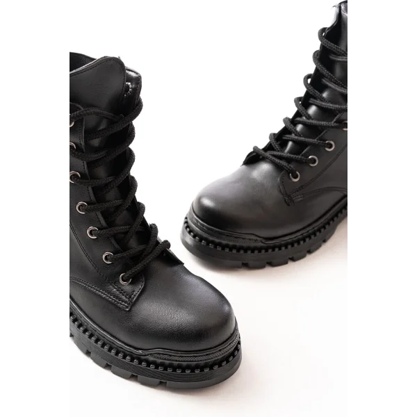 2051-298 Siyah Cilt Düz Topuklu Bağcıklı Lastikli Günlük Kadın Bot