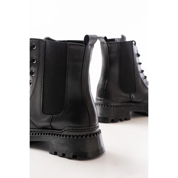 2051-298 Siyah Cilt Düz Topuklu Bağcıklı Lastikli Günlük Kadın Bot
