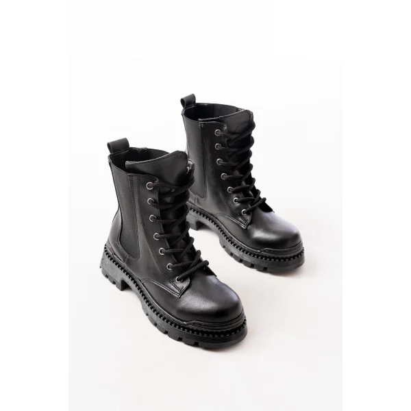 2051-298 Siyah Cilt Düz Topuklu Bağcıklı Lastikli Günlük Kadın Bot