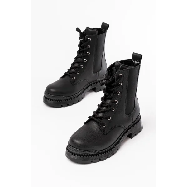 2051-298 Siyah Luna Düz Topuklu Bağcıklı Lastikli Günlük Kadın Bot