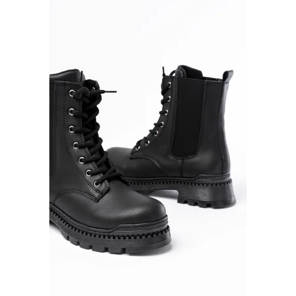 2051-298 Siyah Luna Düz Topuklu Bağcıklı Lastikli Günlük Kadın Bot