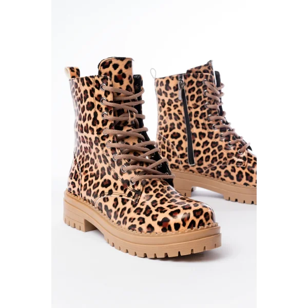 2121-356 Parlak Leopar Bağcıklı Fermuarlı Günlük Kadın Bot