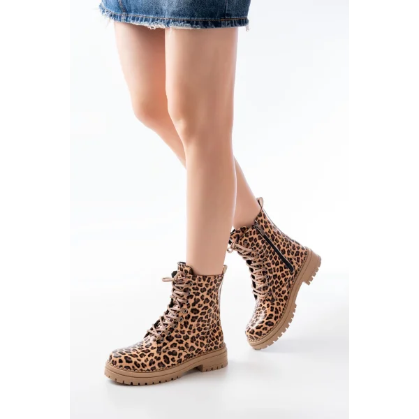 2121-356 Parlak Leopar Bağcıklı Fermuarlı Günlük Kadın Bot