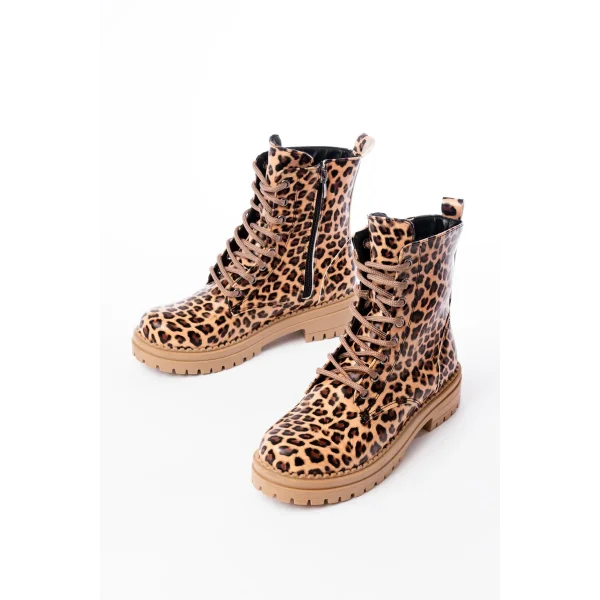 2121-356 Parlak Leopar Bağcıklı Fermuarlı Günlük Kadın Bot