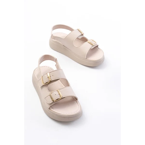 24413-572 Bej Günlük Dolgu Topuk Toka Aksesuarlı Kadın Sandalet