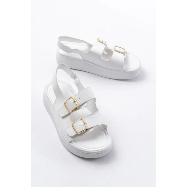 24413-572 Beyaz Günlük Dolgu Topuk Toka Aksesuarlı Kadın Sandalet