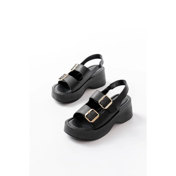 24414-572 Siyah Tokalı  Günlük Dolgu Topuk Kadın Sandalet