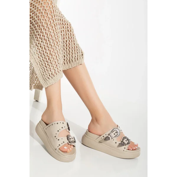 24422-1180 Bej Dolgu Topuk Kadın Sandalet