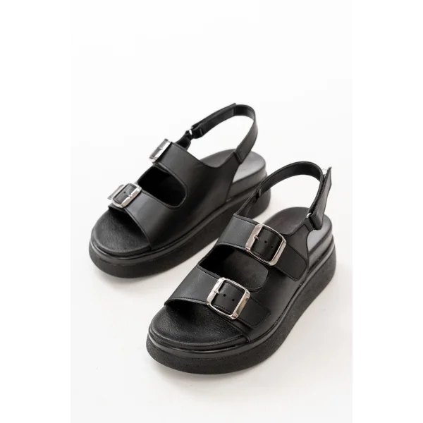 24422-1185 Siyah Dolgu Topuk Kadın Sandalet