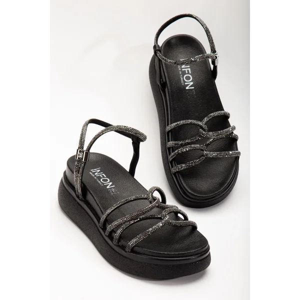 24422-1221 Siyah Dolgu Topuk Kadın Sandalet