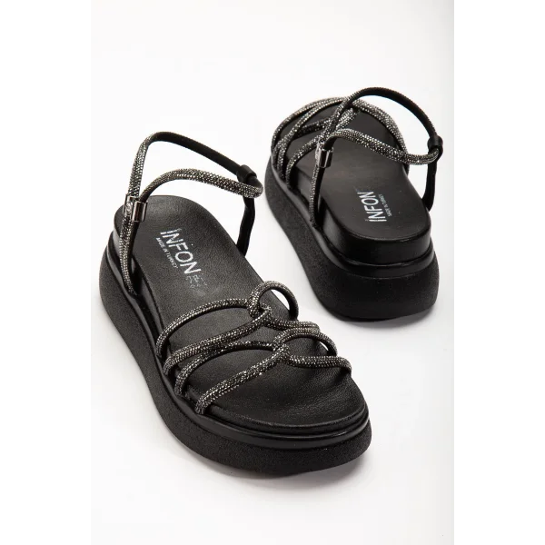 24422-1221 Siyah Dolgu Topuk Kadın Sandalet