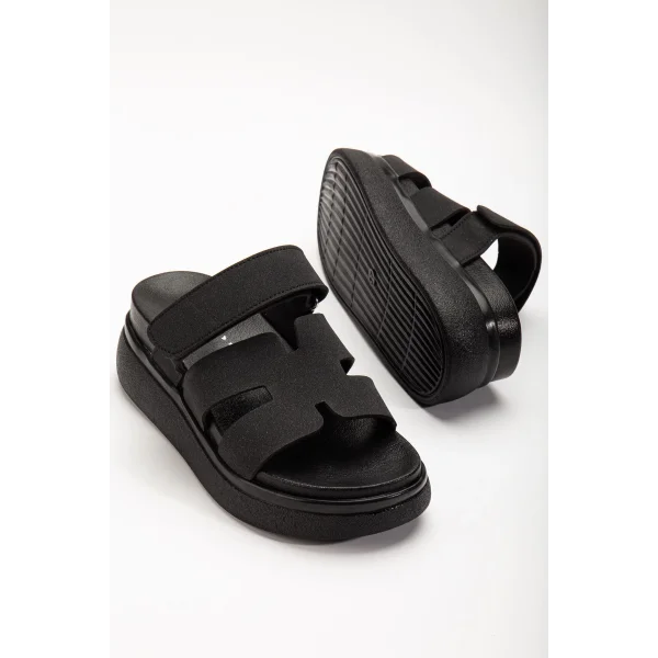 24422-HERMES Siyah Dolgu Topuk Kadın Sandalet