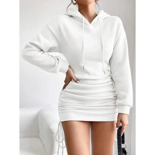 3 iplik şardonlu kapşonlu elbise beyaz