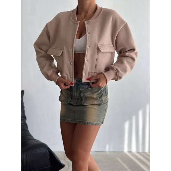 3 iplik şardonlu Önü çıtçıtlı cepli ceket bej f2226