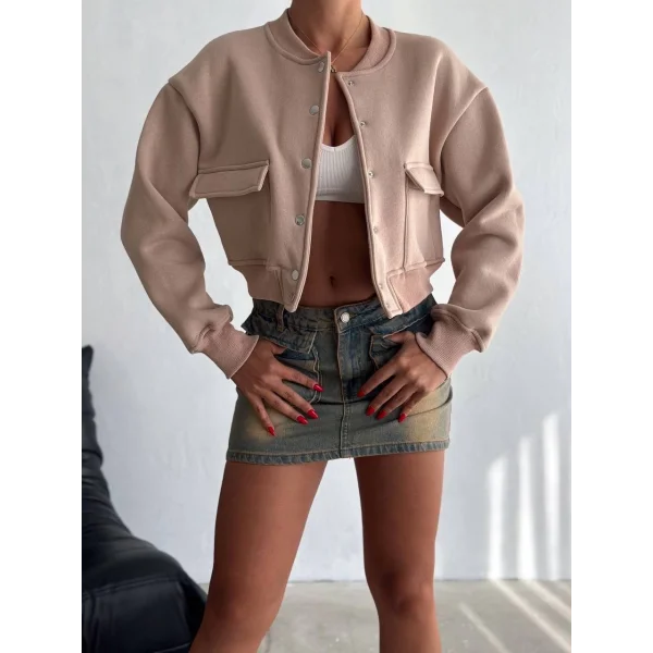 3 iplik şardonlu Önü çıtçıtlı cepli ceket bej f2226