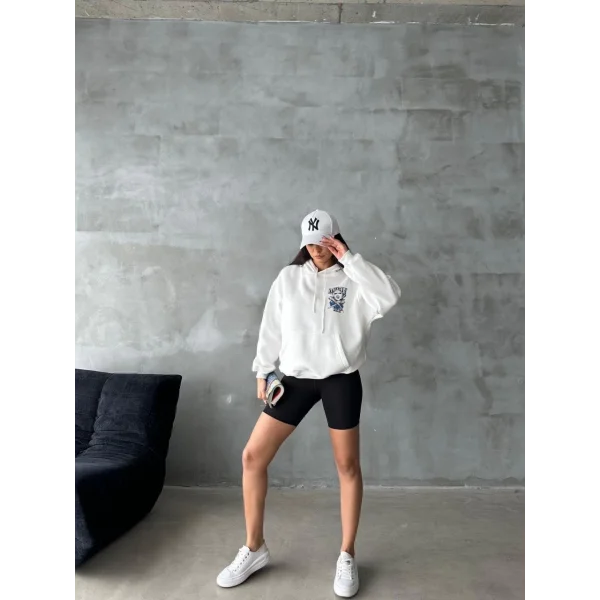 3 iplik şardonlu oversize kafa baskılı sweat beyaz