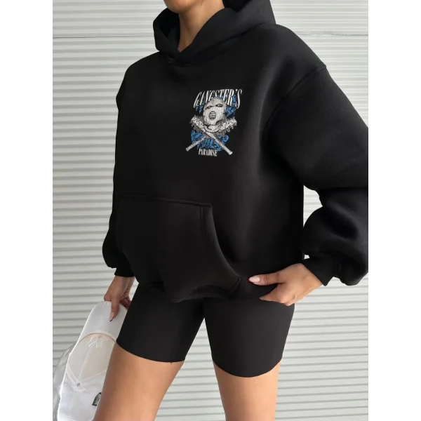 3 iplik şardonlu oversize kafa baskılı sweat siyah